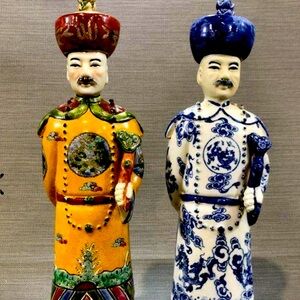 Vintage Hand-Painted Qing Dynasty Emperor Porcelain Figure Lot of 2